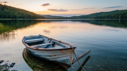 Fototapeta premium A serene lakeside scene featuring a weathered boat at sunset, reflecting nature's beauty.