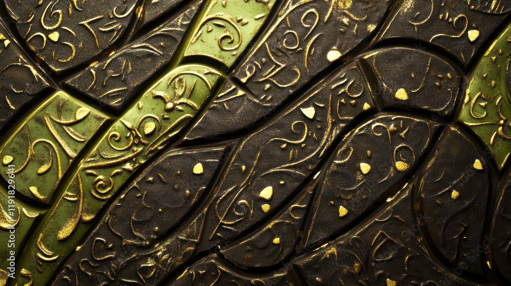 Poster pistachio filled chocolate bar adorned with intricate arabesque patterns and golden embellishments. 