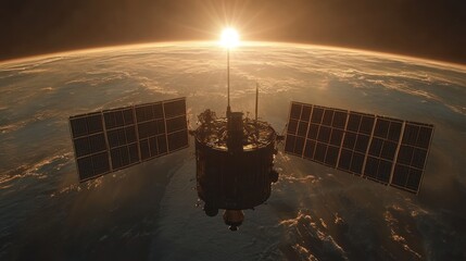Satellite orbiting Earth at sunrise, atmospheric backdrop, space exploration