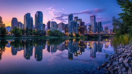 Obraz premium A serene twilight skyline reflecting on a calm river, showcasing urban beauty and tranquility.