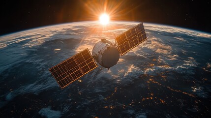 Satellite orbiting Earth at sunrise, space exploration