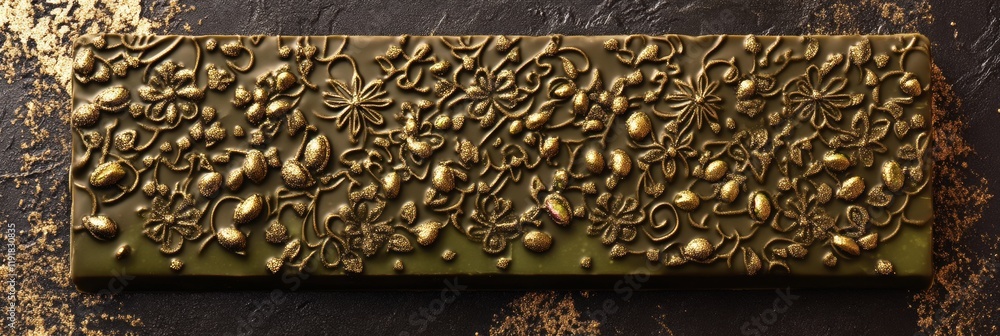 Poster pistachio filled chocolate bar with arabesque patterns and golden embellishments for elegant indulge