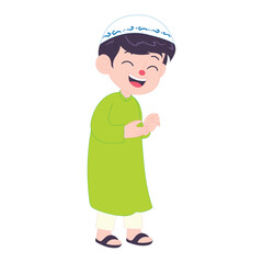 Friendly Muslim boy in green traditional attire, smiling warmly with a gesture of talking during Ramadan