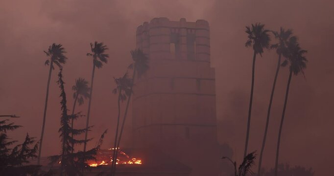 Altadena, California, USA - January 8, 2025: Aided by extreme Santa Ana wind conditions, the Eaton Fire engulfs a church in downtown Altadena.