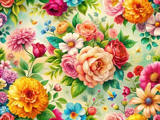 Vibrant Floral Pattern, Colorful Blossoms, Spring Flowers, Light Background, Botanical Illustration, Floral Design, Flower Wallpaper, Pretty Flowers, Blossom Background