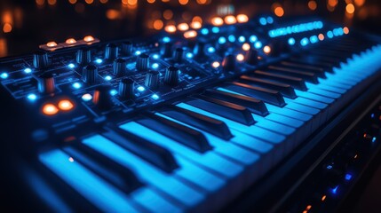 Fototapeta premium Synth Keyboard in Blue Light: Night Music Production Studio