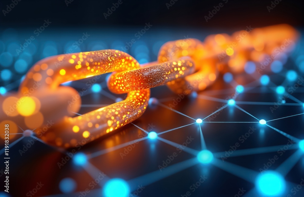 Poster digital chain links glow brightly on network background. illuminated connection secure tech innovati