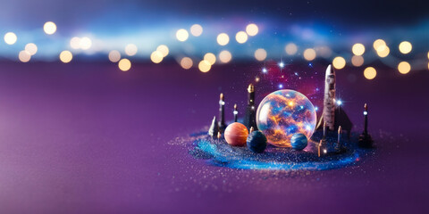 Cosmic Galaxy Scene Planets Rocket Space Exploration