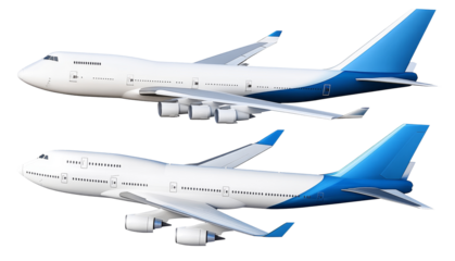 High-Quality PNG airplane jet 747 white blue two view isolated