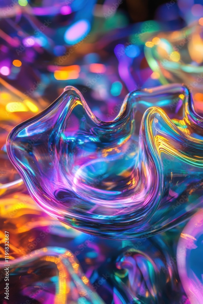 Poster abstract iridescent glass sculpture with vibrant colors, illuminated with dynamic lighting, creating