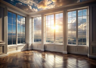 Obraz premium Vintage Style 3D Rendered Room: White Grey Interior Sky View Windows