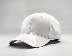 Fototapeta premium Plain white cap sits on white background. Blank cap ideal for design templates. Modern, simple. Shows fashion item. Studio shot. Simple design. Empty cap. Great for fashion, advertising delivery