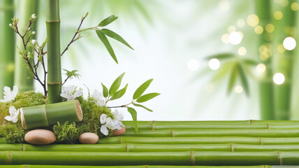 Obraz premium Serene Bamboo Spa Zen Garden Green Plants Stones Blossoms