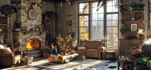 Naklejka premium Cozy living room with a fireplace, plants, and autumn sunlight streaming through windows.