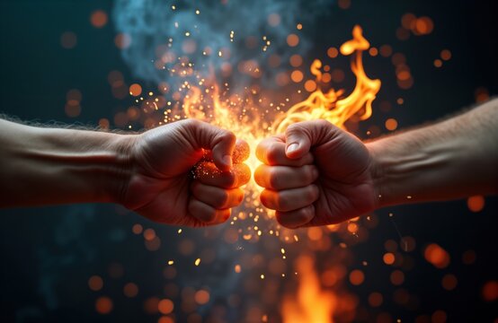 Two fists about to clash. Fire, sparks fly between. Conflict concept. Potential for disagreement, tension. Shows intense confrontation, potential for violence. Concept photo captures idea of
