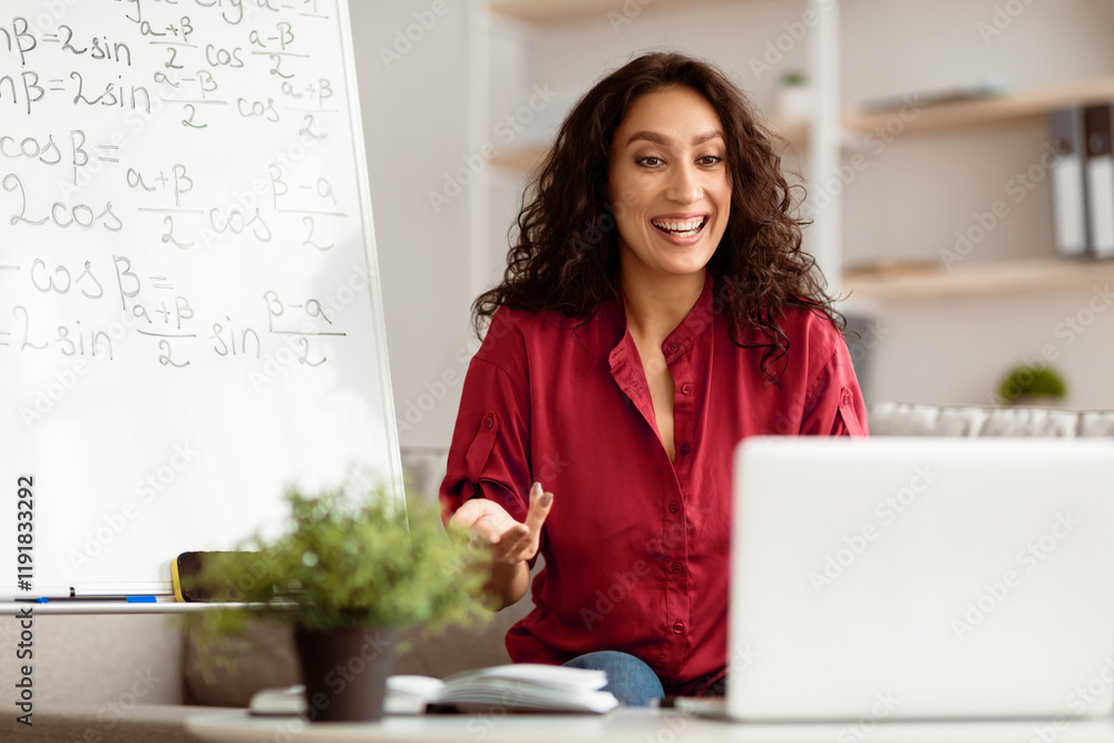 Poster e-learning concept. smiling lady math teacher talking, explaining trigonometric functions to student