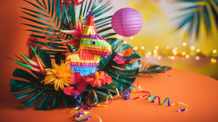 Fototapeta premium Festive Pi ata with Tropical Leaves Flowers Party Decor