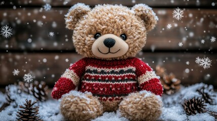 Fototapeta premium Snowy Teddy Bear Christmas Decor Winter