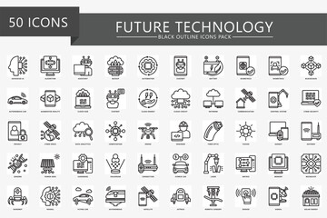Future Technology black outline icons set. contain AI, algorithm, cloud, genome, nanobot, robot and more. Vector EPS 10 for print, digital UI, UX kit, web and app development for technology, education