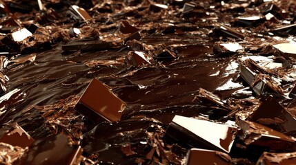32.A pool of glossy melted chocolate, rich and velvety, surrounded by scattered shards of dark and milk chocolate. The broken pieces are textured and uneven, contrasting with the smooth surface of