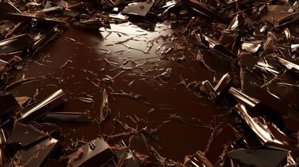 32.A pool of glossy melted chocolate, rich and velvety, surrounded by scattered shards of dark and milk chocolate. The broken pieces are textured and uneven, contrasting with the smooth surface of