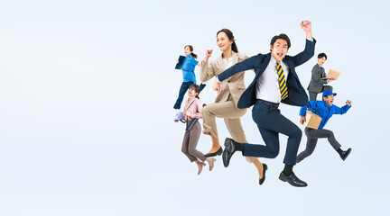 仕事、職業、ジャンプ、元気、やる気、スタート、チャレンジ、挑戦、飛躍、活躍、転職、ビジネスパーソン、男性、女性、日本人、全身、企業、会社員、サラリーマン、資格、努力、がんばる、躍動感、アクティブ、働く、人材、紹介、検定、エンジニア、作業員、労働者、看護師、ハローワーク、世代、雇用、グループ、サポート、ダッシュ、走る、目標、サクセス、成功、成長、異業種、チームワーク、広告、切り抜き、白バック、コピー