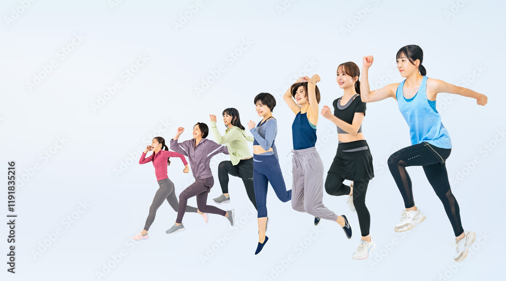 Leinwandbilder スタート、ジャンプ、女性、スポーツ、ダッシュ、競争、走る、ランナー、エクササイズ、トレーニング、フィットネス、日本人、グループ、マラソン、大会、競技、陸上、ダイエット、ヘルスケア、健康、飛び出す、大勢、多人数、複数、キャンペーン、チームワーク、元気、ゴール、躍動感、アクティブ、アクション、勇気、ステップアップ、挑戦、チャレンジ、成長、目標、自由、笑顔、ポジティブ、若い、全身、前進、やる気、白バック