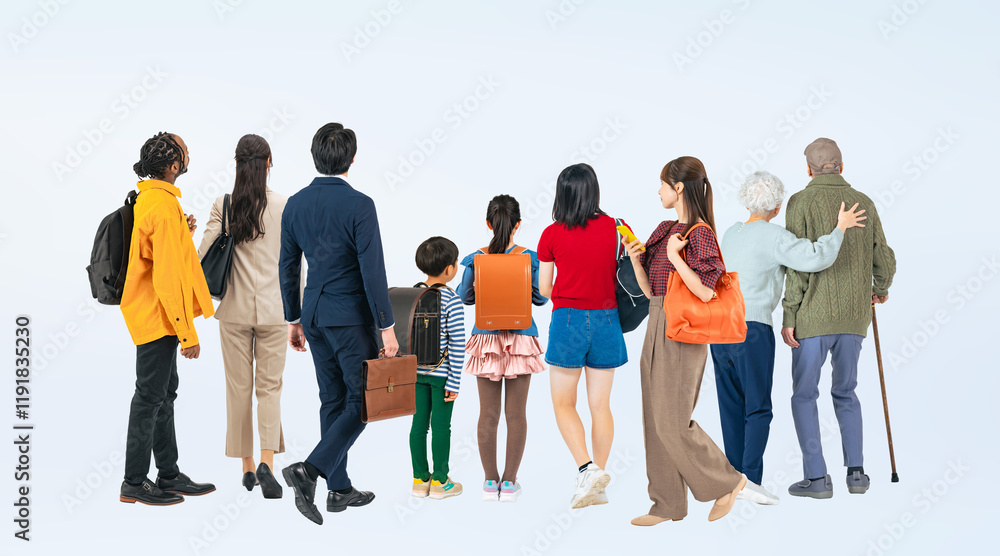 Poster 群衆、人々、見学、観衆、見物、グループ、後ろ姿、背中、歩行者、歩く、展示、男性、女性、日本人、子供、家族、小学生、見る、野次馬、集まる、イベント、雑踏、人混み、混雑、世代、多様性、多国籍、眺める、展望、シニア、全身、火事、事件、事故、展示会、通行人、観光、旅行、観客、応援、行列、集合、外国人、老若男女、立ち止まる、大人、白バック、切り抜き、コピースペース、人物