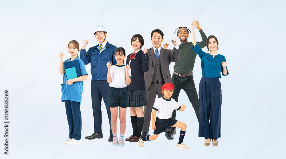 Poster ガッツポーズ、元気、応援、やる気、モチベーション、日本人、グループ、チャレンジ、挑戦、子供、大人、キャンペーン、学生、教育、職業、キャラクター、ポスター、充実、満足、やりがい、ポジティブ、がんばる、努力、ファイティン、エキサイティング、興奮、合格、達成、目標、サクセス、成功、集合、外国人、多国籍、グローバル、世代、男性、女性、ビジネスパーソン、スタッフ、勝利、優勝、勝ち組、全身、白バック、切り抜き