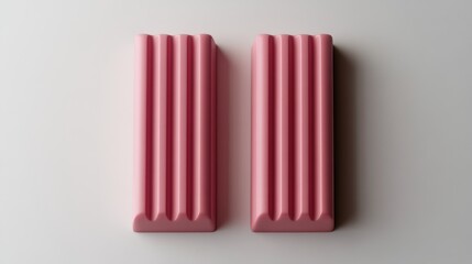 Fototapeta premium 50.Two smooth pink strawberry chocolate bars arranged vertically on a pristine white background. The bars have subtle ridges and are perfectly aligned, creating a clean, minimalistic composition.