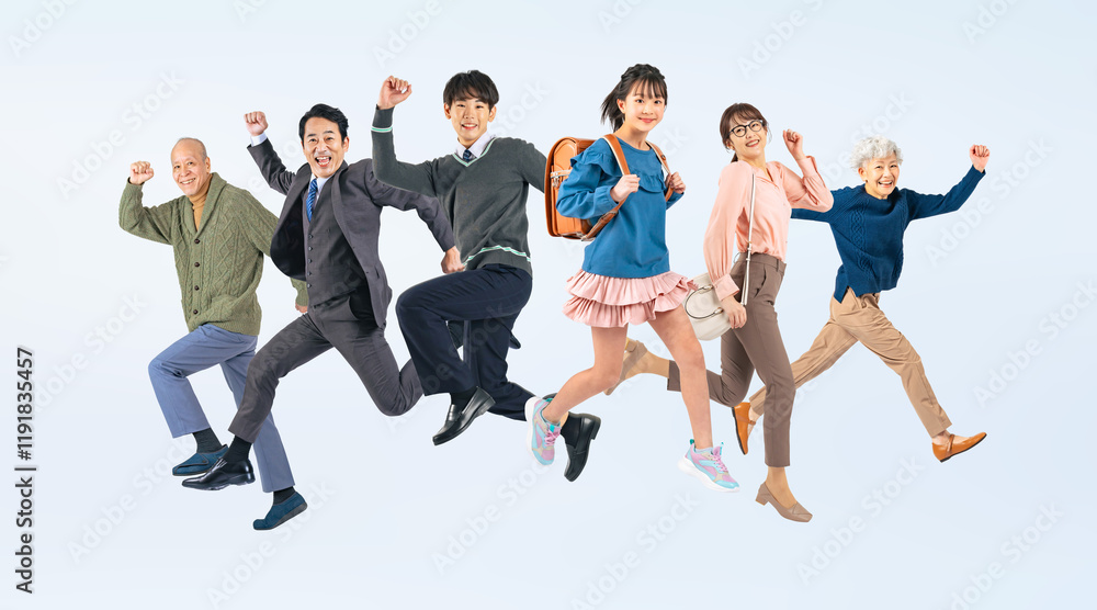 Poster 元気よくジャンプする三世代家族の全身写真（切り抜き背景透過pngも販売しております。作成者リンクから「png」で検索してください）
