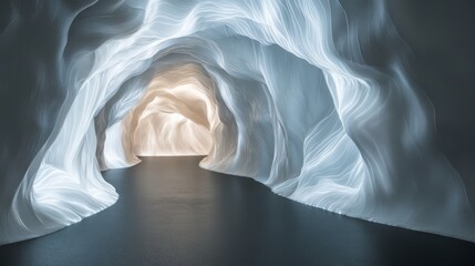6.A surreal, glowing white tunnel set against a vast dark void. The wide-angle perspective emphasizes the deepness and otherworldly nature of the tunnel, with walls seemingly made of polished light