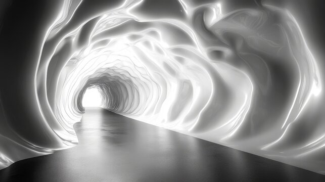 6.A surreal, glowing white tunnel set against a vast dark void. The wide-angle perspective emphasizes the deepness and otherworldly nature of the tunnel, with walls seemingly made of polished light