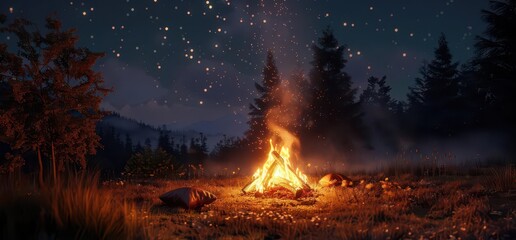 A cozy campfire surrounded by trees under a starry night sky.