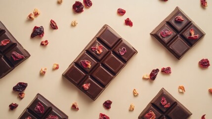 111.A variety of chocolate bars with vibrant freeze-dried fruit pieces embedded in their surface, placed in an elegant flat lay on a smooth beige canvas.