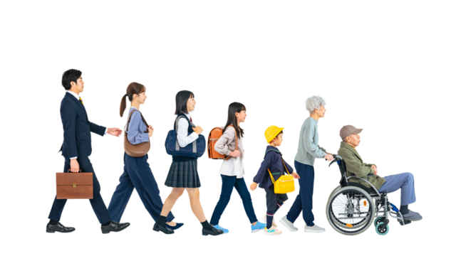 並んで歩く三世代家族　手作業で精密に切り抜いた背景透過全身写真PNG（1人ずつのPNG画像も販売しております。作成者リンクから「PNG」で検索してください） - Powered by Adobe
