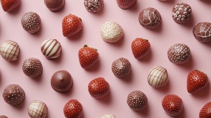 63.A vibrant composition of chocolate-covered strawberries placed randomly on a pastel pink surface. The strawberries are coated in rich chocolate, with some featuring intricate white chocolate