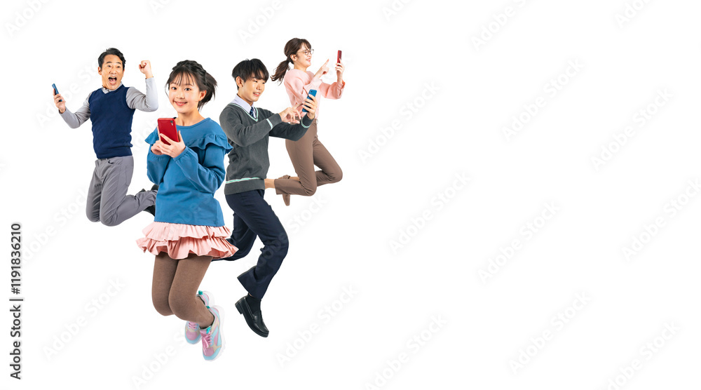 Poster スマホを使いながらジャンプする子供を中心にした三世代家族　手作業で切り抜いた背景透過全身写真png（1人ずつのpng画像も販売しております。作成者リンクから「png」で検索してください）
