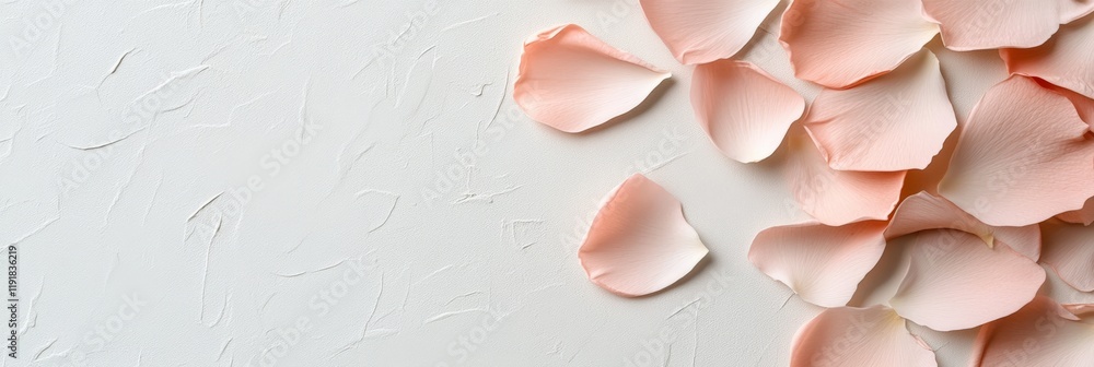 Poster soft pink rose petals arranged on a textured white background create a romantic and elegant atmosphe