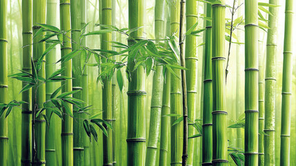 Obraz premium Tranquil bamboo forest wallpaper featuring tall green stalks with sunlight gently filtering through, creating a peaceful and serene atmosphere in any space. 