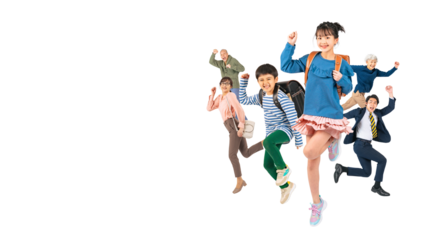元気にジャンプする子供を中心にした三世代家族　手作業で精密に切り抜いた背景透過全身写真PNG（1人ずつのPNG画像も販売しております。作成者リンクから「PNG」で検索してください）