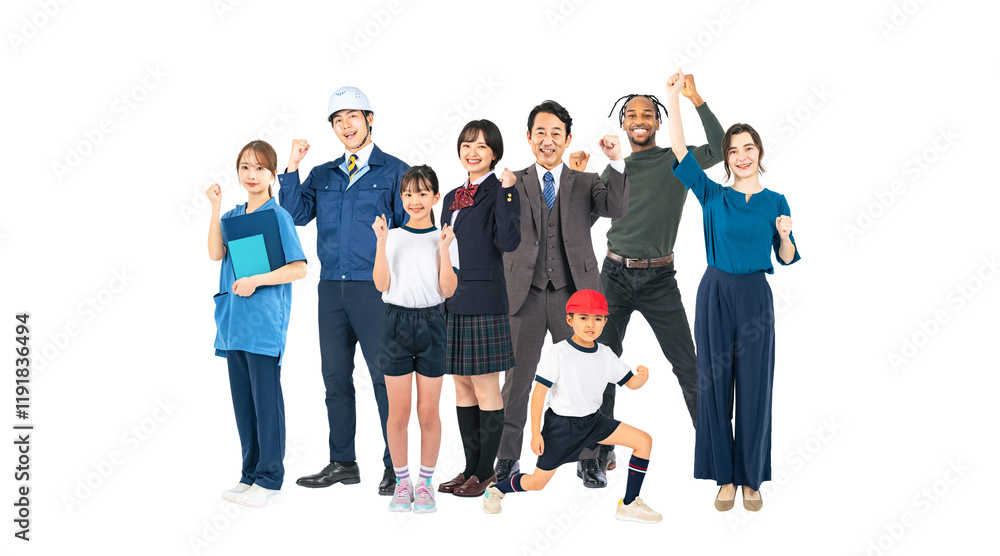 Poster 歩きながら何かを眺める幅広い世代の人々の後ろ姿　手作業で精密に切り抜いた背景透過全身写真png