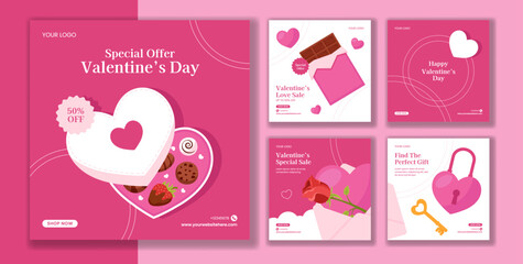 Romantic Valentine's Day Social Media Post Illustration in Flat Cartoon Background