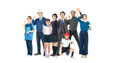 ガッツポーズする様々な属性の人々　手作業で精密に切り抜いた背景透過全身写真PNG