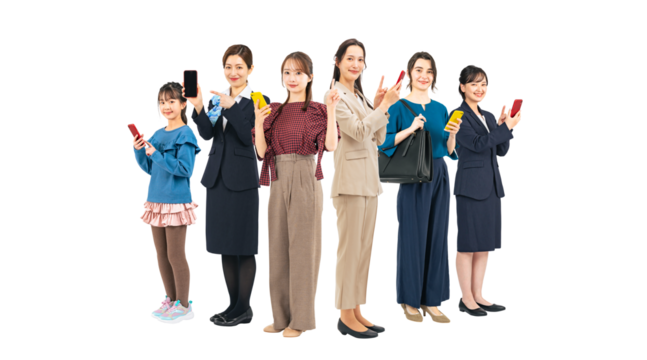 スマホを使う幅広い世代の女性グループ　手作業で精密に切り抜いた背景透過全身写真PNG（1人ずつのPNG画像も販売しております。作成者リンクから「PNG」で検索してください）