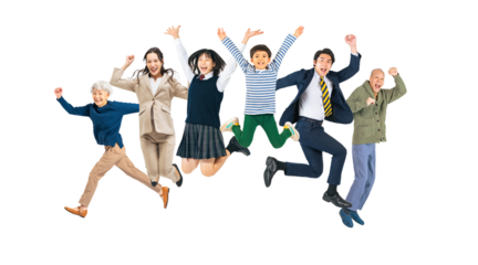 元気にジャンプする三世代家族　手作業で精密に切り抜いた背景透過全身写真PNG（1人ずつのPNG画像も販売しております。作成者リンクから「PNG」で検索してください）