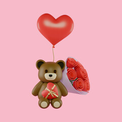 3d teddy bear with a heart balloon and roses bouquet. 3d illustration for Valentine's Day.