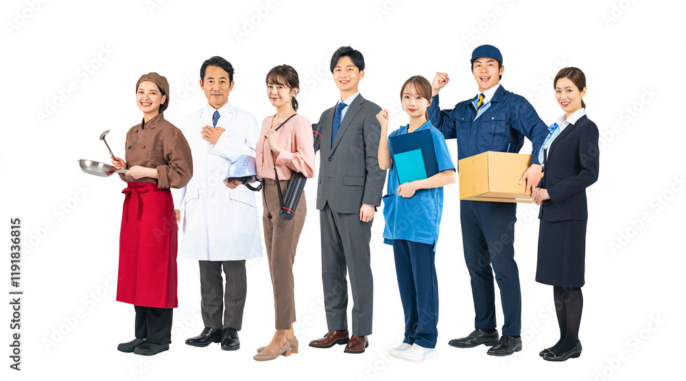 Aufkleber 横に並ぶ様々な職業の人々のグループ　手作業で精密に切り抜いた背景透過全身写真png（1人ずつのpng画像も販売しております。作成者リンクから「png」で検索してください）