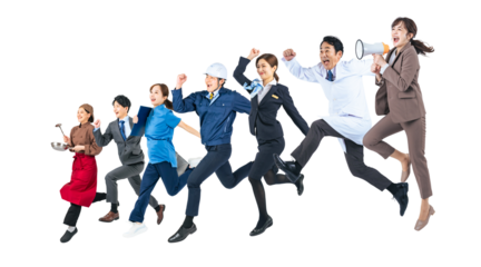 ジャンプする様々な職業の人々のグループ　手作業で精密に切り抜いた背景透過全身写真PNG（1人ずつのPNG画像も販売しております。作成者リンクから「PNG」で検索してください）