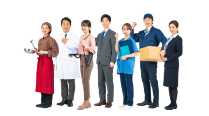 横に並ぶ様々な職業の人々のグループ　手作業で精密に切り抜いた背景透過全身写真PNG（1人ずつのPNG画像も販売しております。作成者リンクから「PNG」で検索してください）